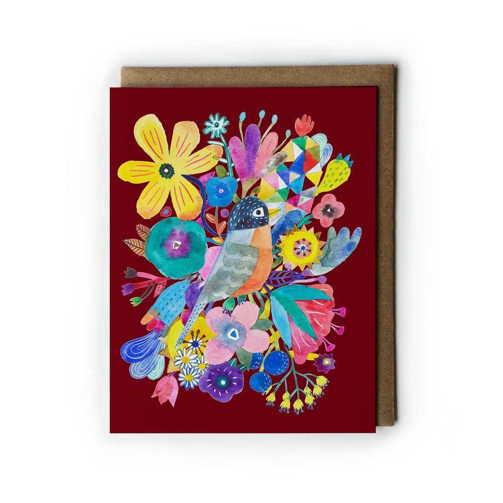 Colorful watercolor greeting card featuring a vibrant robin surrounded by whimsical floral designs on a deep red background, paired with a kraft envelope