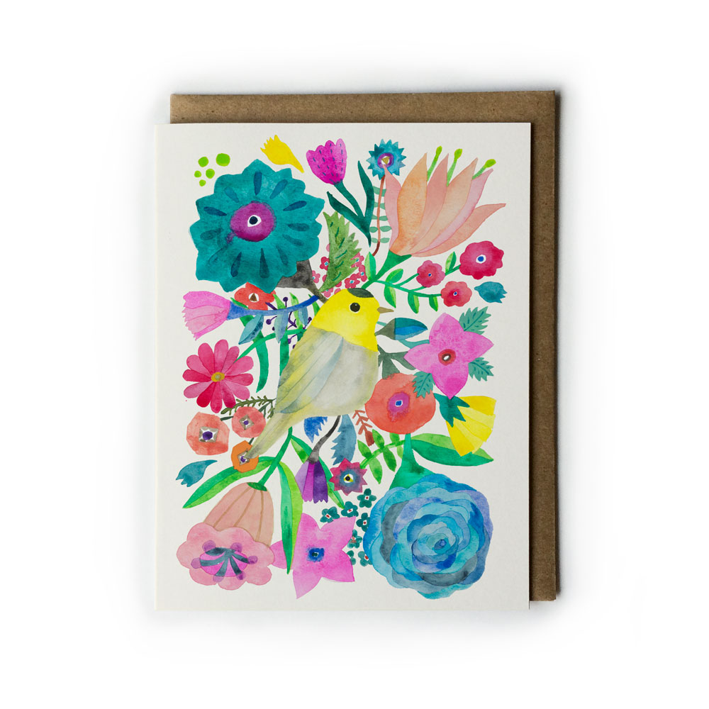 Colorful watercolor greeting card featuring vibrant flowers and a yellow warbler bird surrounded by lush floral designs, with a kraft envelope