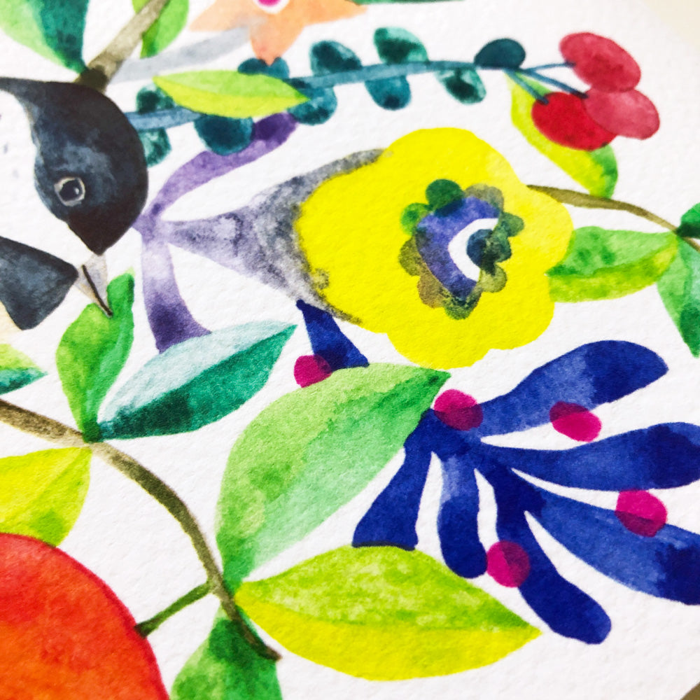Vibrant watercolor art print featuring a chickadee perched among colorful flowers, leaves, and a bright orange fruit. The cheerful composition showcases a mix of bold hues including yellow, blue, green, and red, creating a lively and whimsical nature-inspired design.