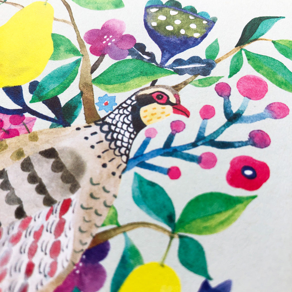 Colorful watercolor illustration of a partridge bird surrounded by vibrant flowers, berries, leaves, and a pear, depicting a festive holiday scene with whimsical and artistic details