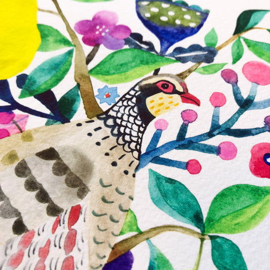 Colorful watercolor art print featuring a partridge bird with detailed feathers surrounded by vibrant flowers, berries, and leaves in various shades of pink, blue, green, and yellow on a white background