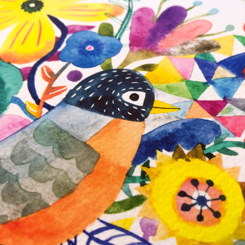 Colorful watercolor illustration of a robin surrounded by vibrant flowers, including yellow sunflowers and blue blooms, set against a geometric patterned background with various shapes and hues