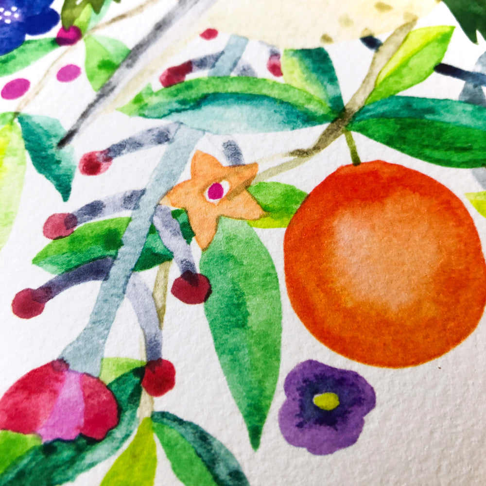 Vibrant watercolor painting featuring orange fruit, colorful flowers, and green leaves on white background. Cheerful botanical artwork with delicate brushstrokes and vivid hues.