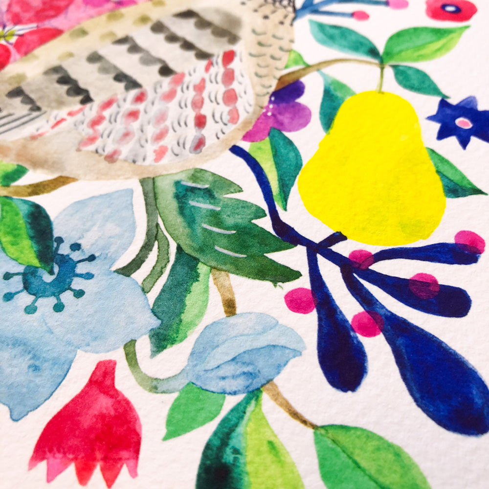 Vibrant watercolor illustration of stylized partridge, pear, and floral elements. Colorful bird with detailed feathers, yellow pear, blue and red flowers, and green leaves on white background. Close-up view of giclee art print texture.