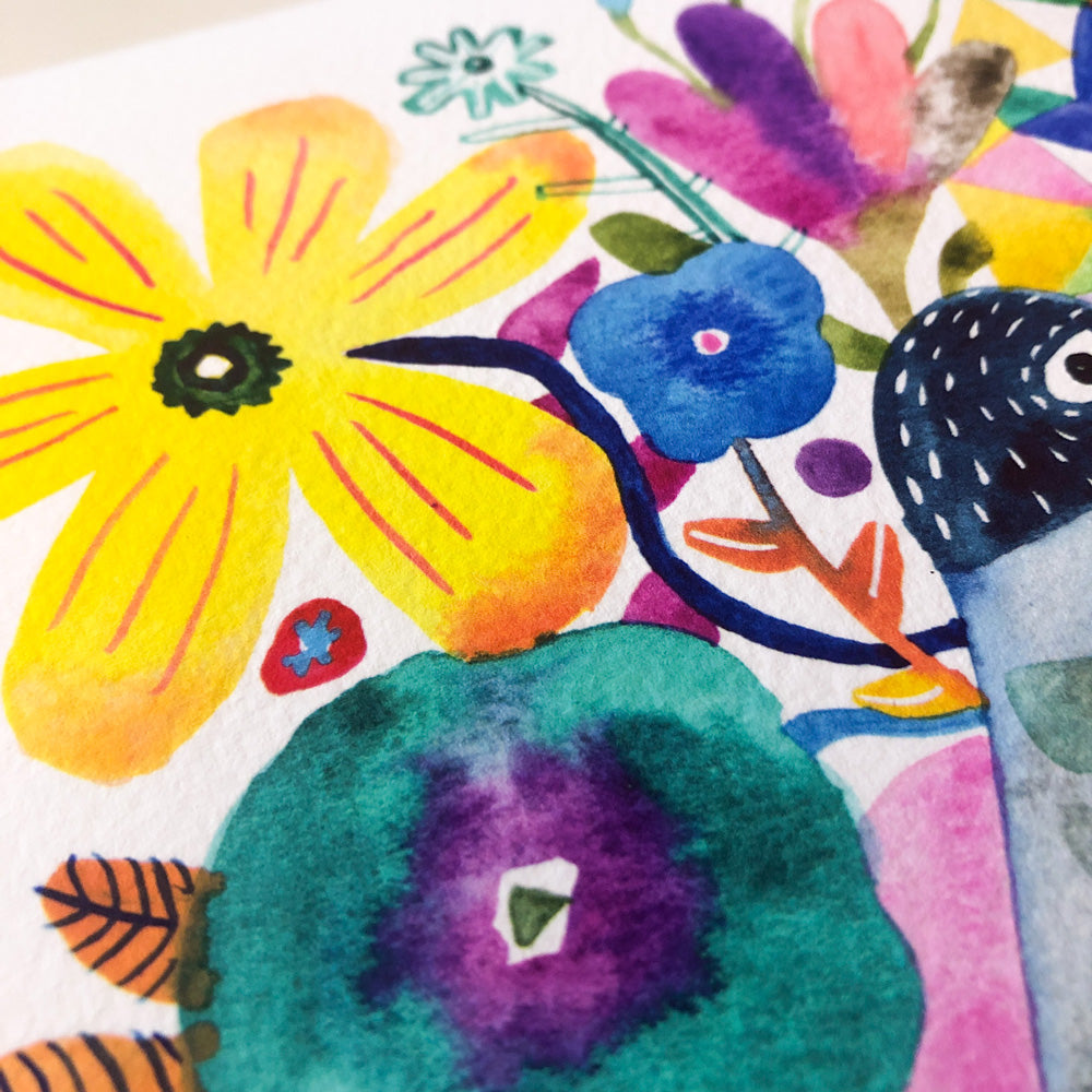 Vibrant watercolor print featuring colorful flowers and a stylized bird, showcasing yellow, blue, green, and purple blooms with abstract shapes and patterns, perfect for nature lovers and art enthusiasts