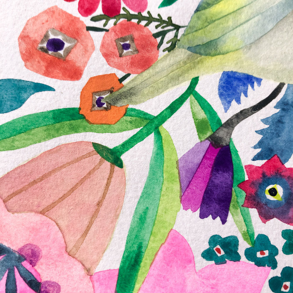 Vibrant watercolor painting featuring colorful flowers and a stylized warbler bird, with bold pink, orange, blue, and green hues on white background. Abstract floral composition showcasing delicate brushstrokes and artistic interpretation of nature.