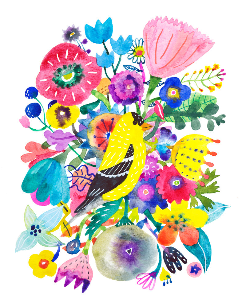 Vibrant watercolor illustration of a yellow goldfinch perched among colorful wildflowers, featuring pink, blue, purple, and red blooms with green leaves, creating a lively and whimsical floral composition