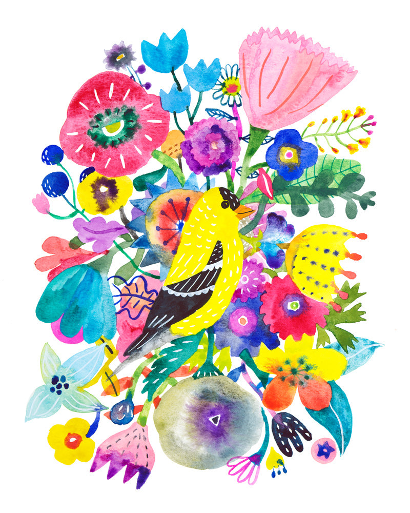 Goldfinch and Flowers, Giclee Art Print