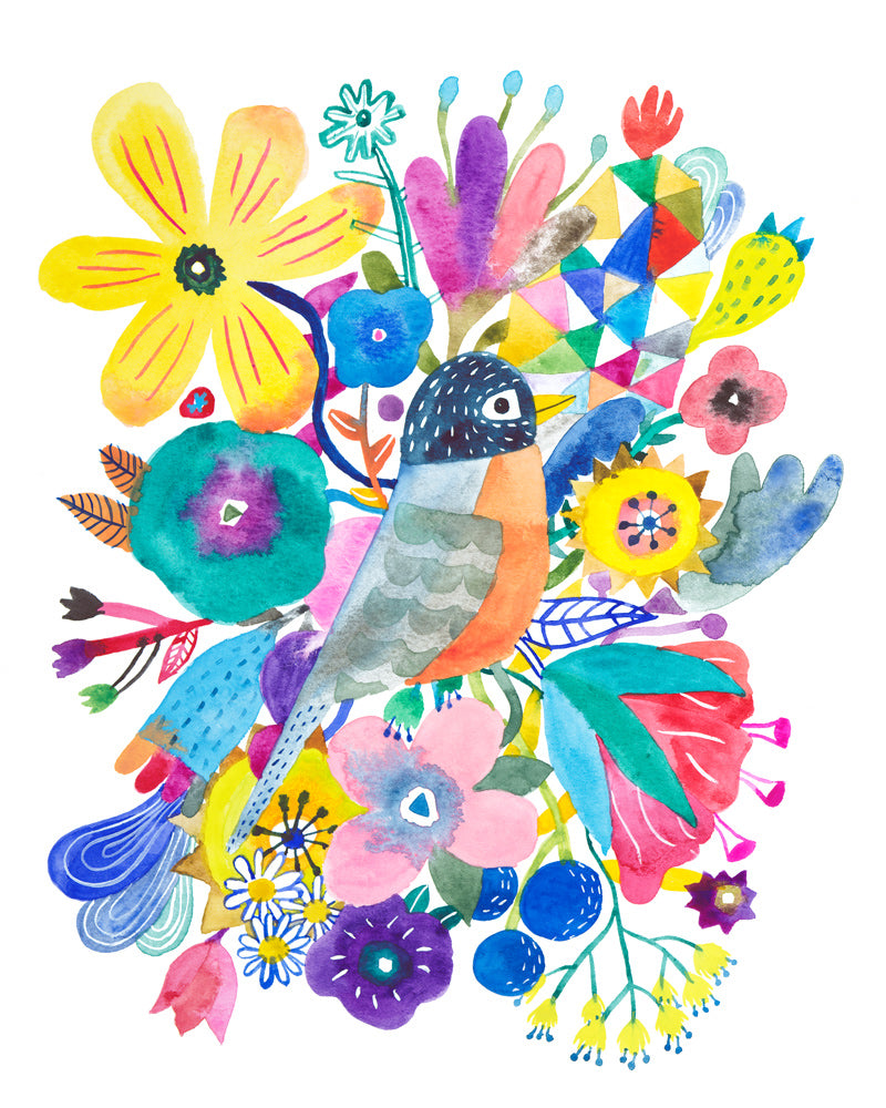 Vibrant watercolor illustration of a colorful robin perched among a diverse array of whimsical flowers and abstract floral shapes, creating a lively and cheerful botanical composition