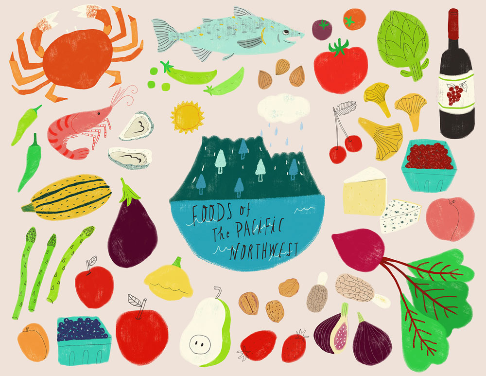 Colorful illustration showcasing diverse foods of the Pacific Northwest, including seafood, fruits, vegetables, wine, and local landmarks, arranged around a central mountain-shaped bowl labeled "Foods of the Pacific Northwest