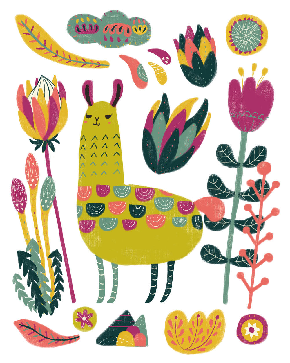 Colorful illustration of a stylized yellow llama surrounded by vibrant botanical elements including flowers, leaves, and abstract shapes in pink, green, orange, and blue hues