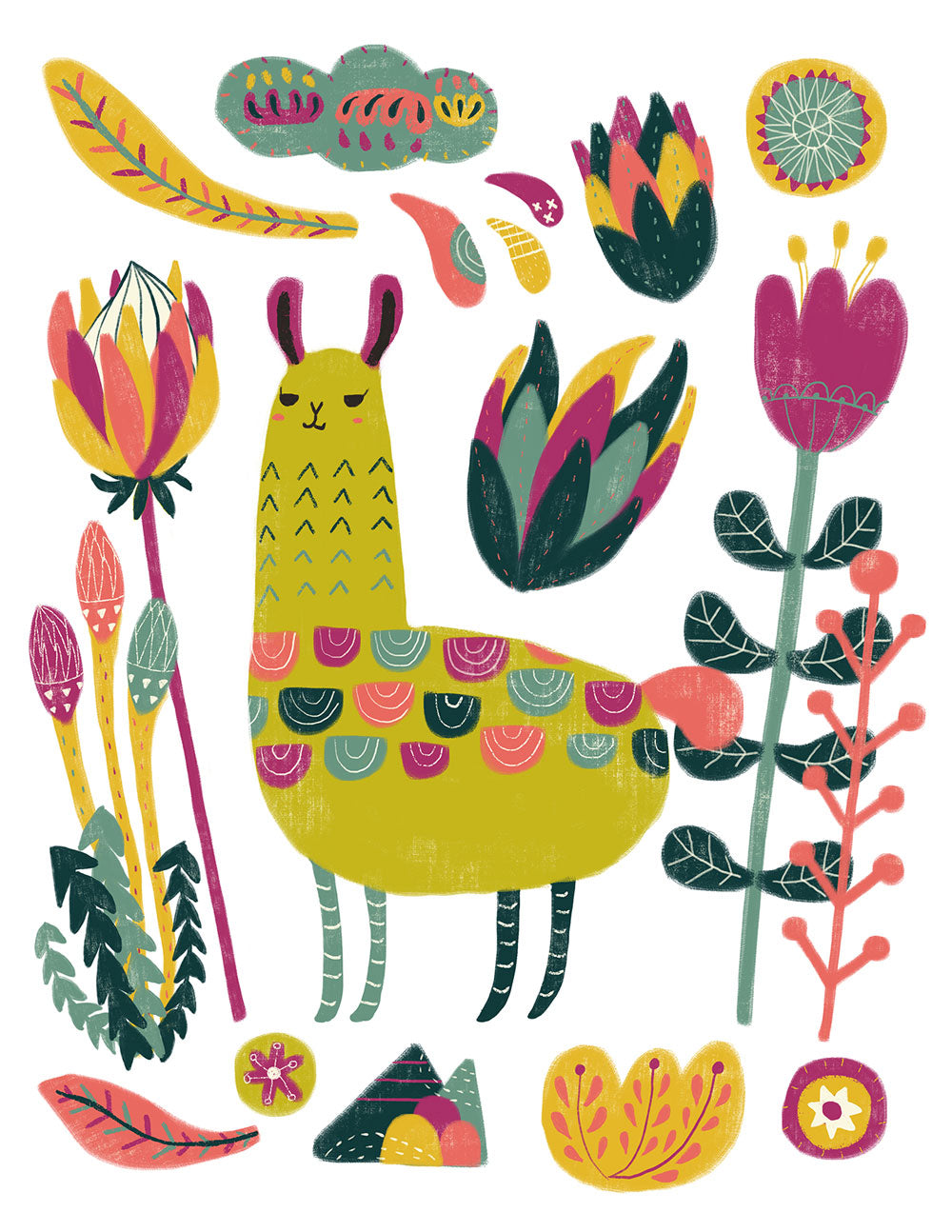 Colorful illustration of a smiling llama surrounded by vibrant botanical elements including flowers, leaves, and abstract shapes, creating a whimsical and nature-inspired design for the Llama Botanical Card.