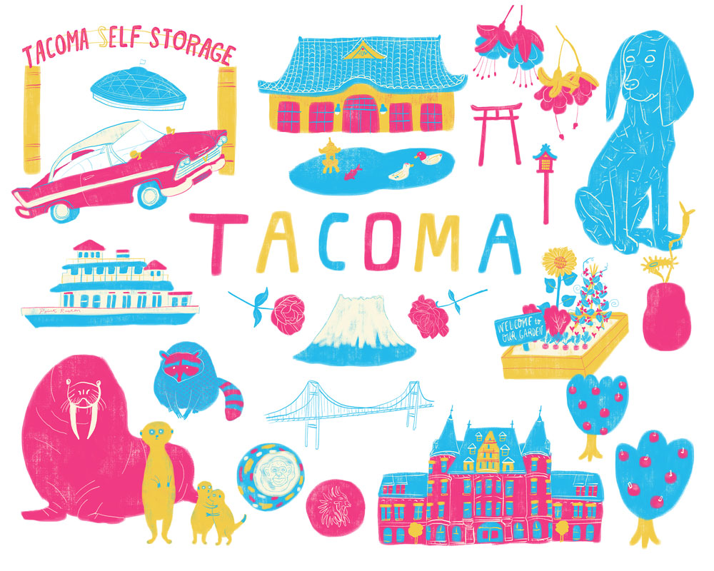 Colorful illustration showcasing Tacoma's iconic landmarks and attractions, including the Tacoma Dome, Elf Storage sign, Narrows Bridge, Stadium High School, and various animals, buildings, and objects representing local culture and history.