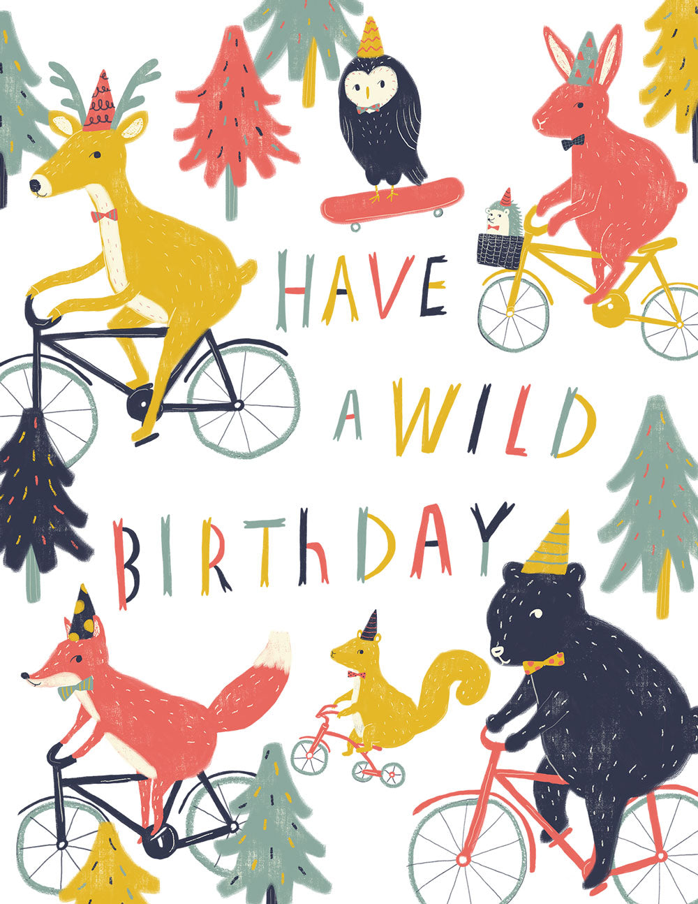Whimsical birthday card featuring colorful woodland animals riding bicycles and skateboarding among stylized trees, with 'Have a Wild Birthday' text in playful, multicolored letters