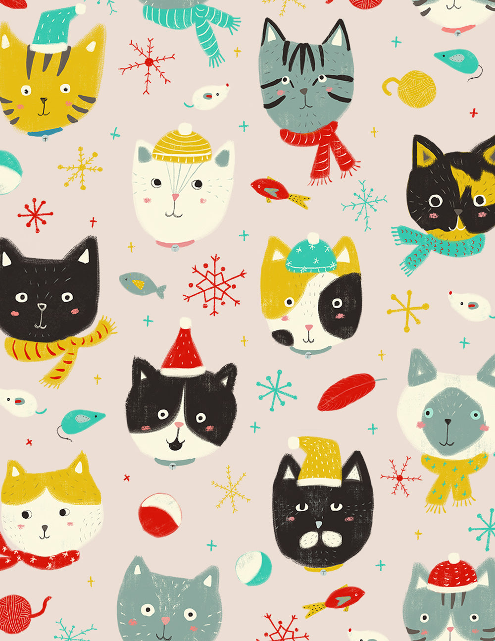 Festive pattern featuring colorful cartoon cat faces with winter accessories, snowflakes, and holiday elements on a light background, perfect for cat lovers and seasonal greetings