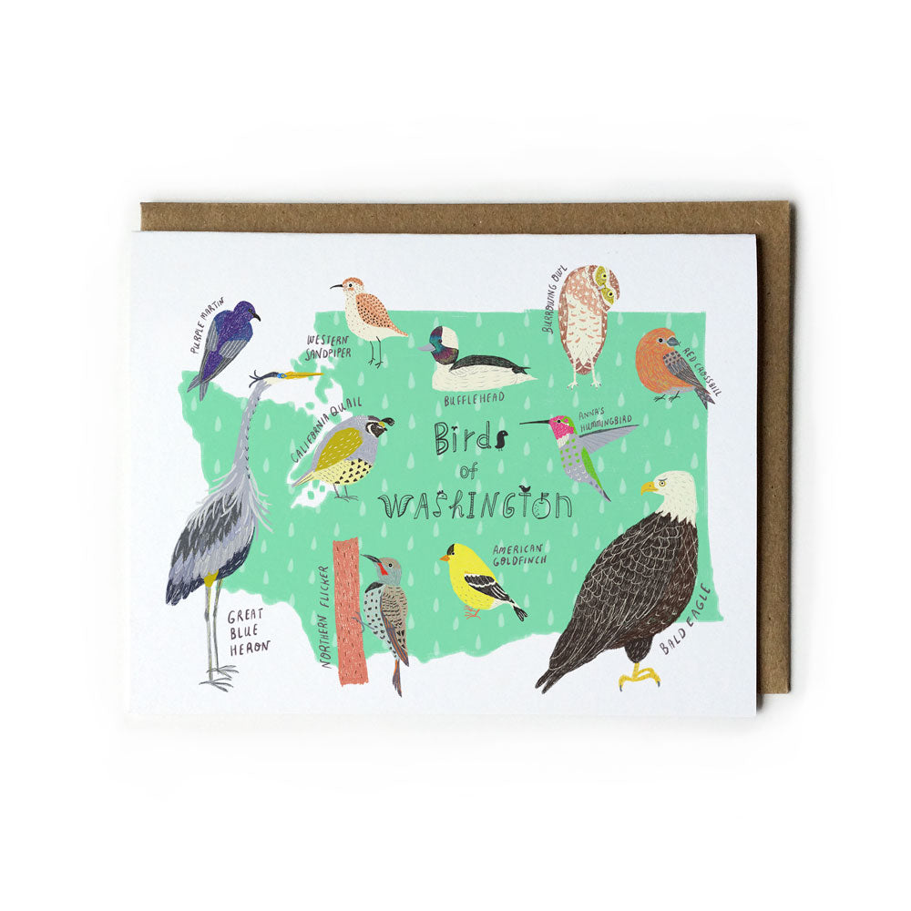 Illustrated greeting card featuring colorful birds of Washington state on a green map background, with kraft envelope, part of Seattle & PNW Card Bundle