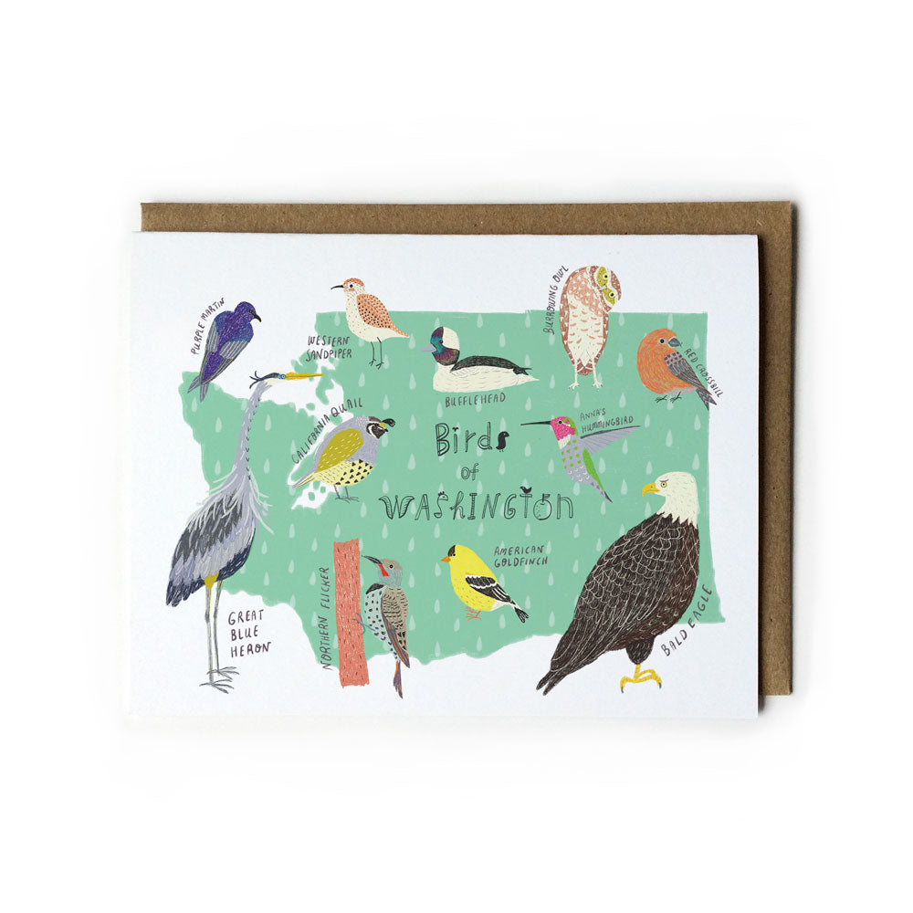Illustrated greeting card featuring various birds of Washington state on a green map background, with kraft envelope, perfect for bird enthusiasts and nature lovers