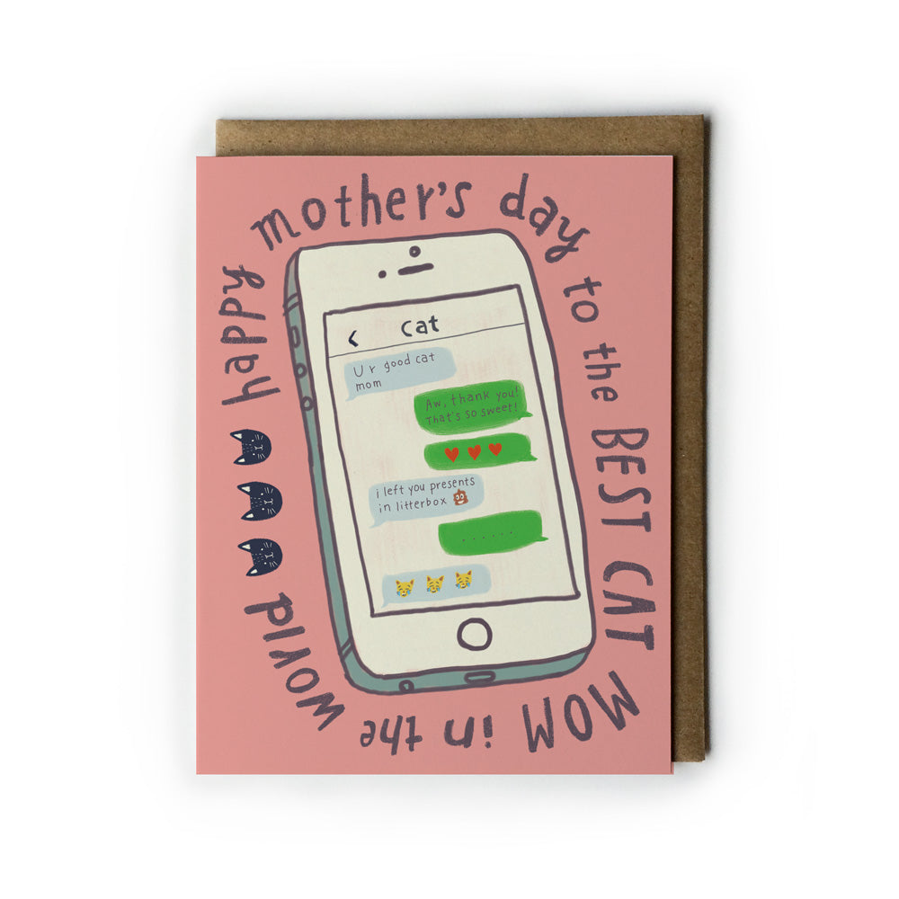Mother's Day card featuring a pink smartphone design with cat text messages, surrounded by text "Happy Mother's Day to the BEST CAT MOM in the world", accompanied by a kraft envelope