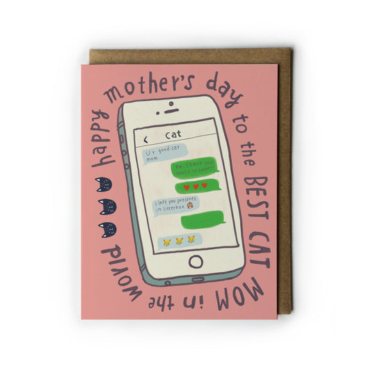 Mother's Day card featuring a pink smartphone design with cat text messages, surrounded by text "Happy Mother's Day to the BEST CAT MOM in the world", accompanied by a kraft envelope