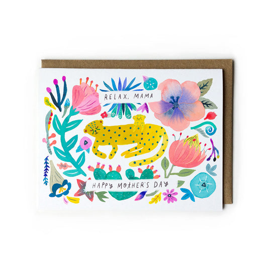 Colorful Mother's Day card featuring a resting cheetah surrounded by vibrant tropical flowers and leaves, with "Relax, Mama" and "Happy Mother's Day" text, paired with a kraft paper envelope