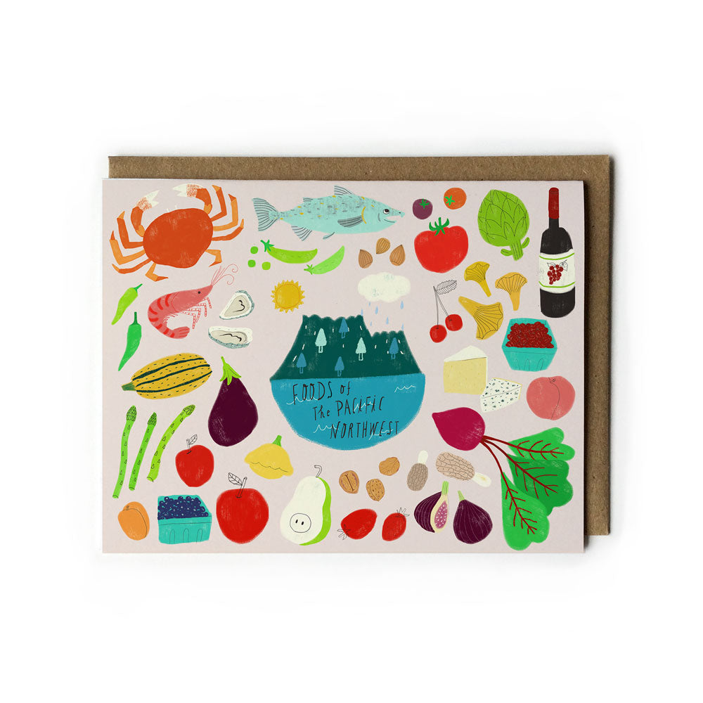 Colorful illustrated card featuring various Pacific Northwest foods and produce, including seafood, fruits, vegetables, wine, and a central image of mountains, arranged on a cream background with a kraft paper envelope
