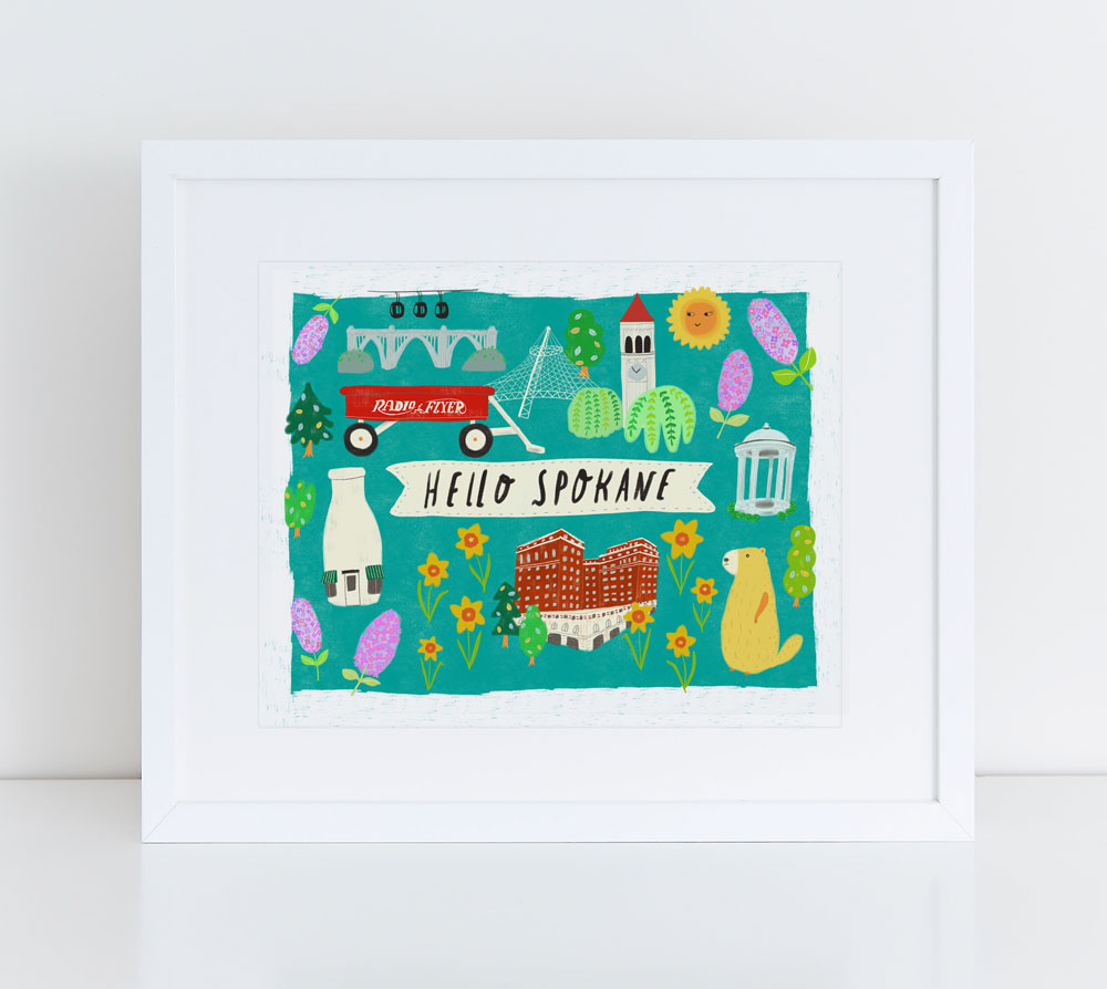 Colorful illustrated art print featuring Spokane landmarks including Monroe Bridge, Big Red Wagon, Great Northern Clocktower, Davenport Hotel, and Milk Bottle, with floral elements and a marmot, set against a teal background with "Hello Spokane" banner