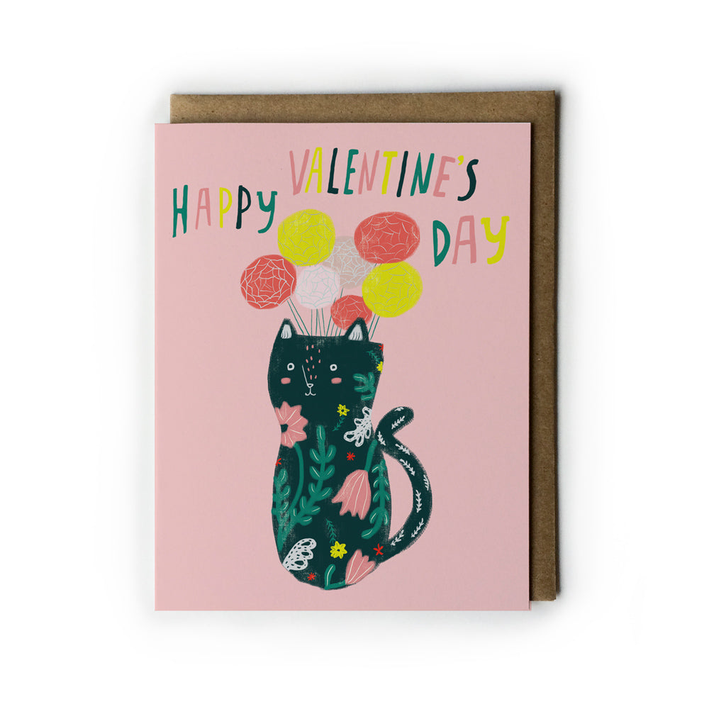 Whimsical Valentine's card featuring a cat-shaped vase with floral pattern, holding colorful balloon-like flowers, on pink background with "Happy Valentine's Day" text in vibrant letters