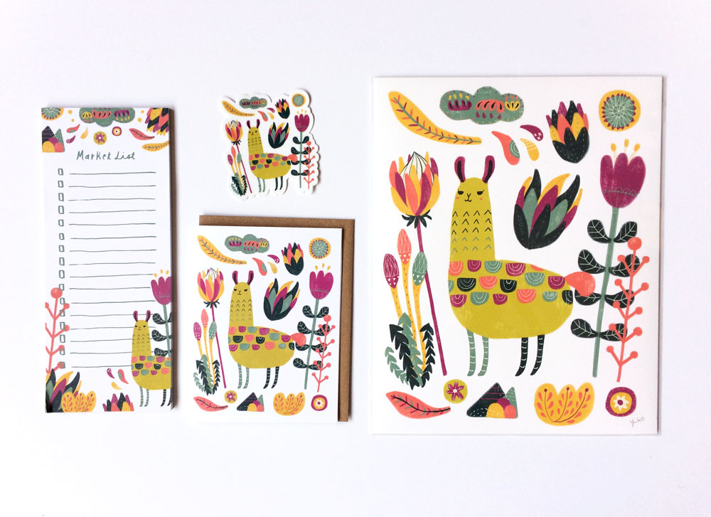 Colorful botanical llama art print set featuring whimsical illustrations of llamas, flowers, and plants in vibrant hues, including a notepad, greeting card, and larger print showcasing a cheerful yellow llama surrounded by floral elements