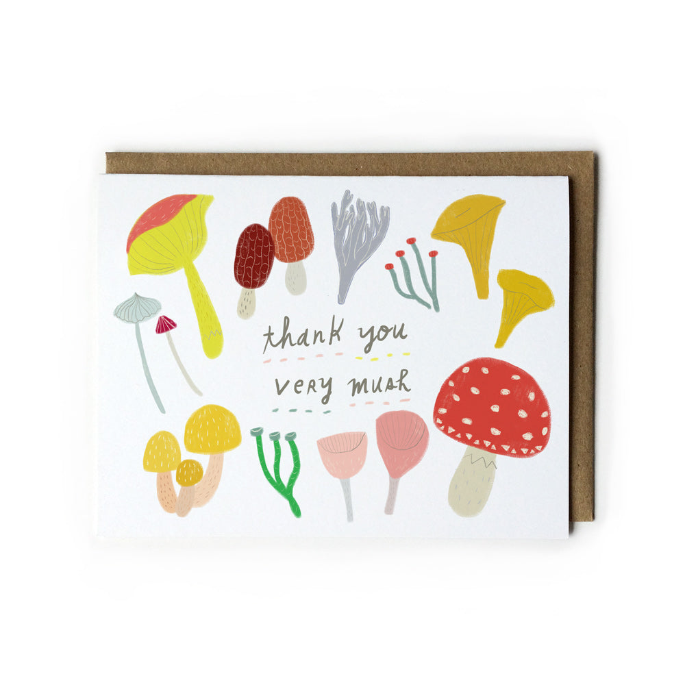 Colorful greeting card featuring various mushroom illustrations and text "thank you very mush" with kraft envelope, ideal for nature lovers and whimsical thank you notes