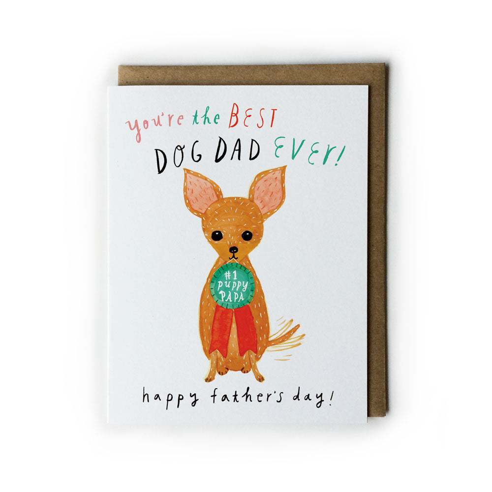 Watercolor Father's Day card featuring a chihuahua with large ears, wearing a green badge saying "1 Puppy Papa". Text reads "You're the Best DOG DAD EVER!" and "happy father's day!" in colorful handwritten style. Brown envelope included.