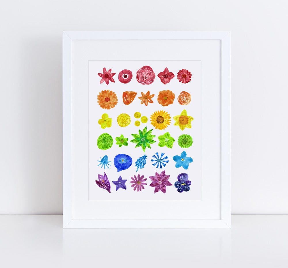Colorful rainbow flower chart giclee art print featuring 30 vibrant watercolor flowers arranged in 6 rows, each row representing a color of the rainbow from red to purple, displayed in a white frame