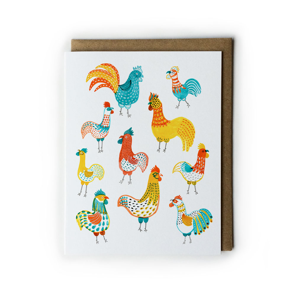 Colorful illustration of ten whimsical roosters and chickens in various poses and patterns on a white notecard with brown envelope, showcasing vibrant feathers and playful designs