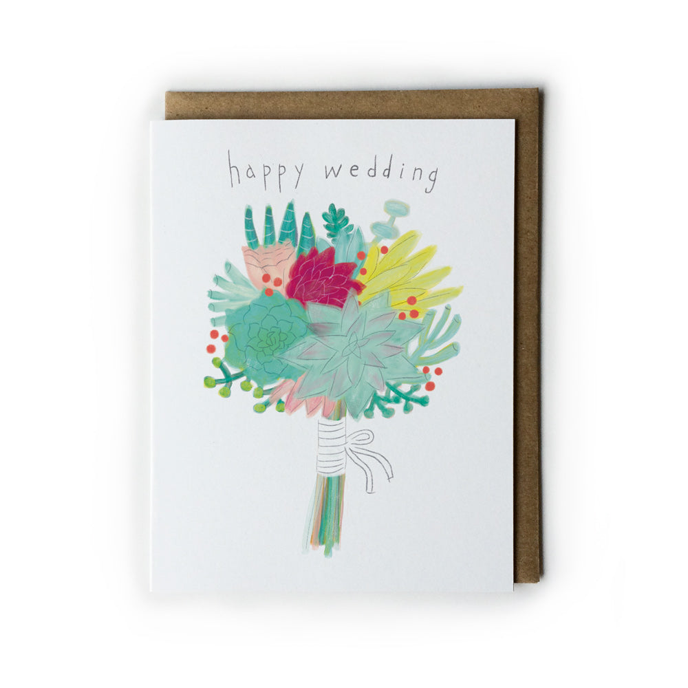 Colorful succulent bouquet wedding card with kraft envelope, featuring hand-drawn floral design and 'happy wedding' text, perfect for celebrating newlyweds