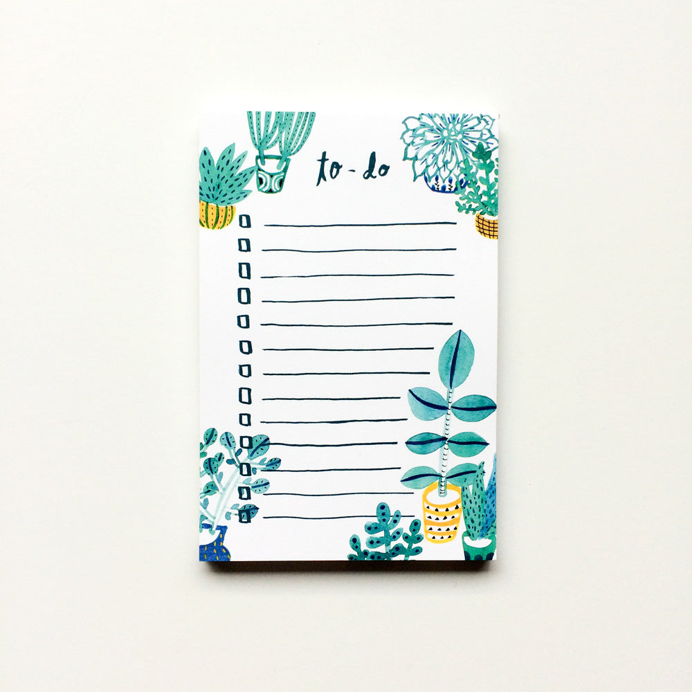 Watercolor succulent to-do list notepad with teal and yellow plants, featuring blank lines for tasks and checkboxes, perfect for organizing daily activities and plant lovers