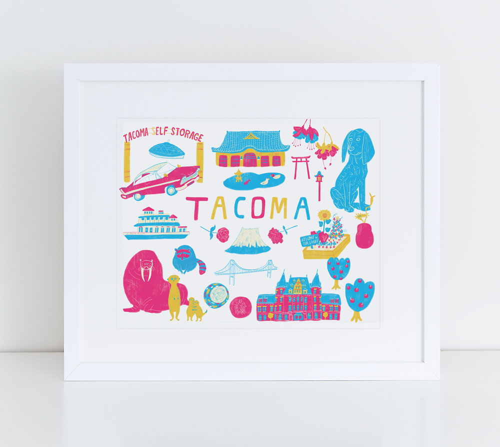 Colorful illustrated art print featuring iconic landmarks and symbols of Tacoma, Washington, including the Tacoma Dome, Point Defiance Zoo, Elf Storage sign, museums, Narrows Bridge, and Stadium High School, arranged around the central text "TACOMA" in vibrant pink and blue hues.