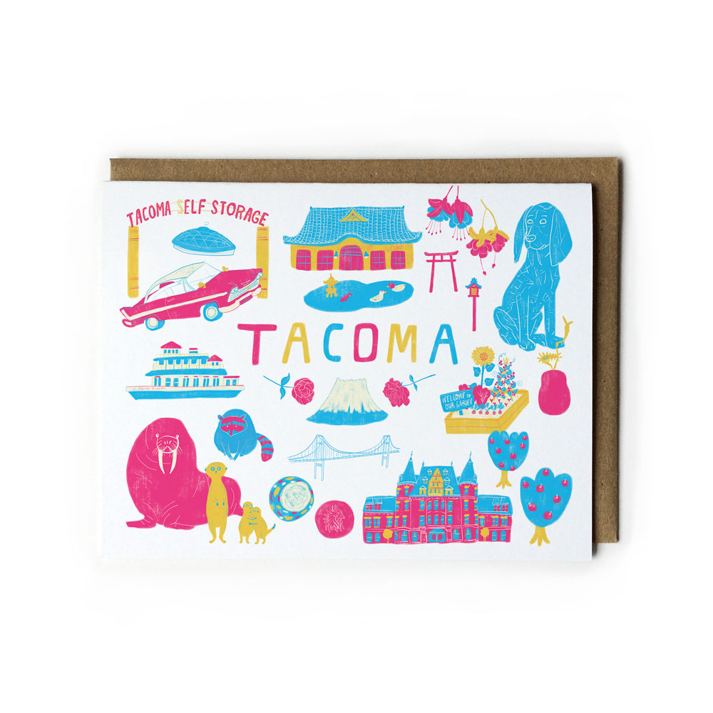 Colorful illustrated greeting card featuring iconic Tacoma landmarks and symbols, including the Tacoma Dome, Elf Storage sign, car, dome building, bridge, animals, and various artistic elements in vibrant pink, blue, and yellow on white background with brown envelope