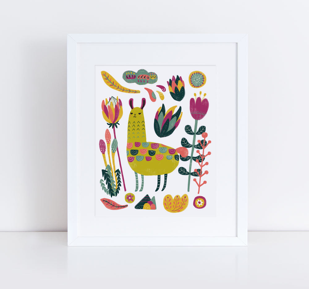 Colorful botanical art print featuring a stylized llama surrounded by vibrant flowers, leaves, and abstract nature elements in a whimsical folk-art style, framed in white