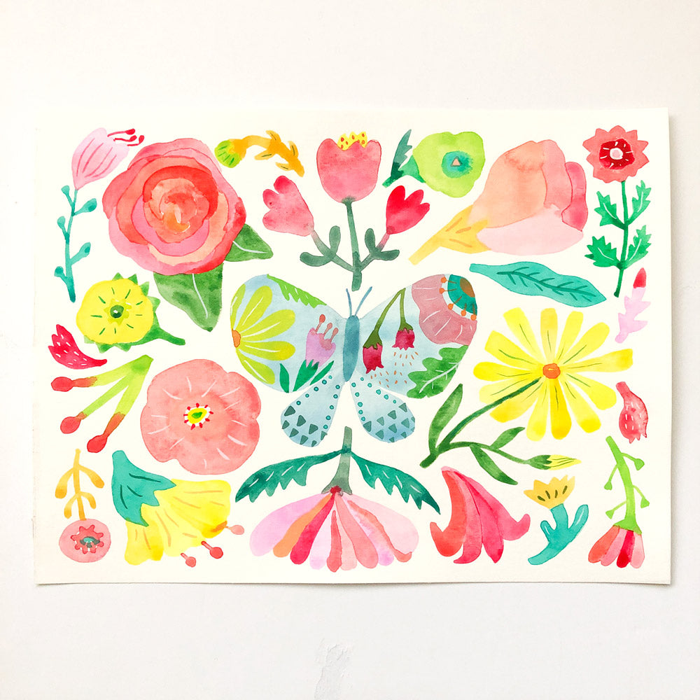 Colorful watercolor floral design featuring vibrant pink, yellow, and blue flowers with a central butterfly motif, perfect for a birthday greeting card