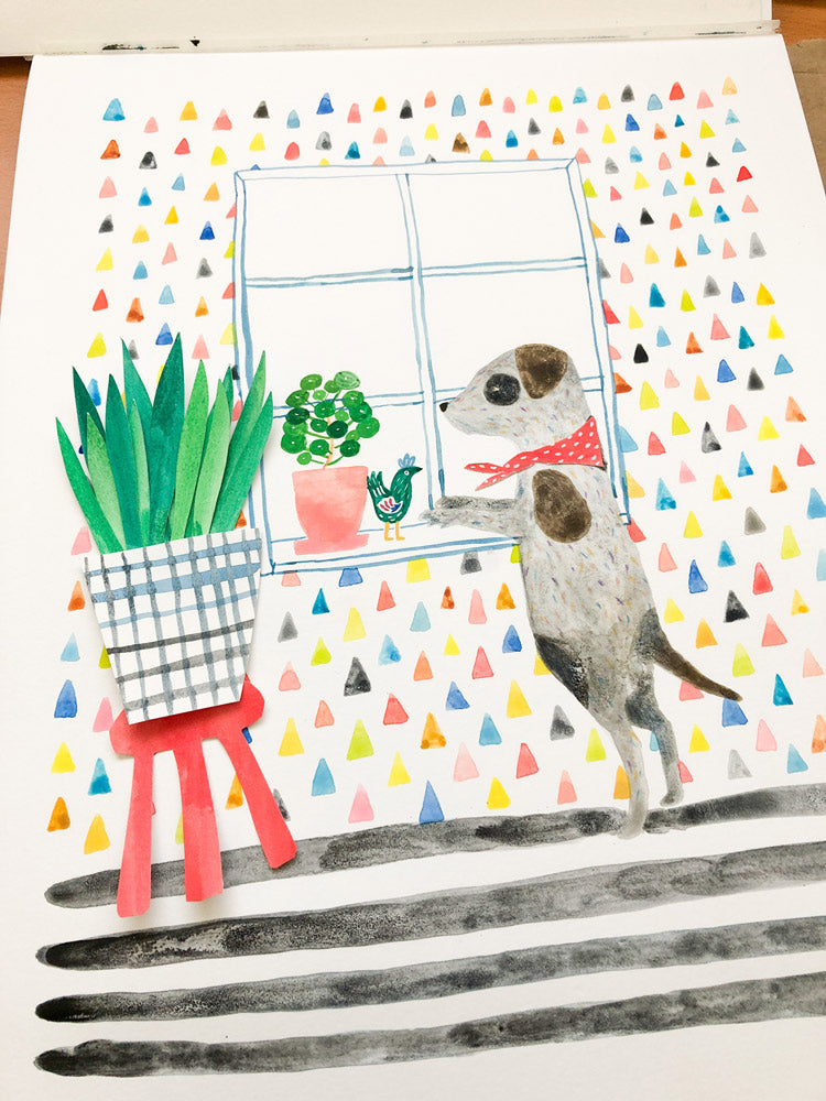 Watercolor illustration of a cute dog looking out a window, surrounded by colorful triangle patterns. A plant in a checkered pot stands nearby. The scene captures a whimsical, cheerful mood perfect for a miss you greeting card.