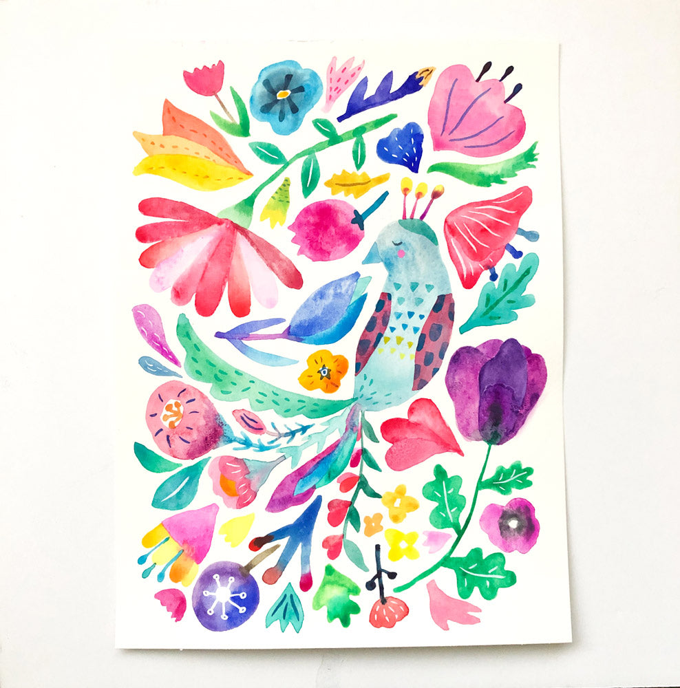 Colorful watercolor and gouache painting of vibrant floral elements and a stylized peacock on white greeting card, featuring various flowers, leaves, and abstract shapes in bright, whimsical style