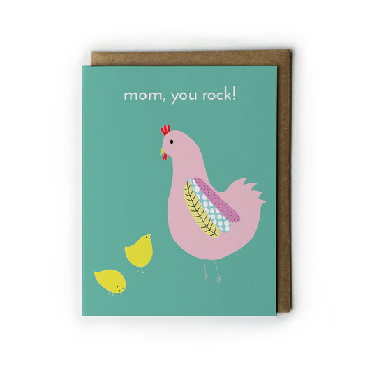 Mother's Day card featuring colorful illustration of pink hen with decorative feathers and two yellow chicks on teal background, text reads "mom, you rock!" Perfect for chicken-loving moms.