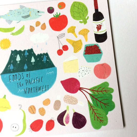 Colorful illustration of Pacific Northwest foods including fish, vegetables, fruits, wine, and mountains, featuring local produce and regional specialties on a white card