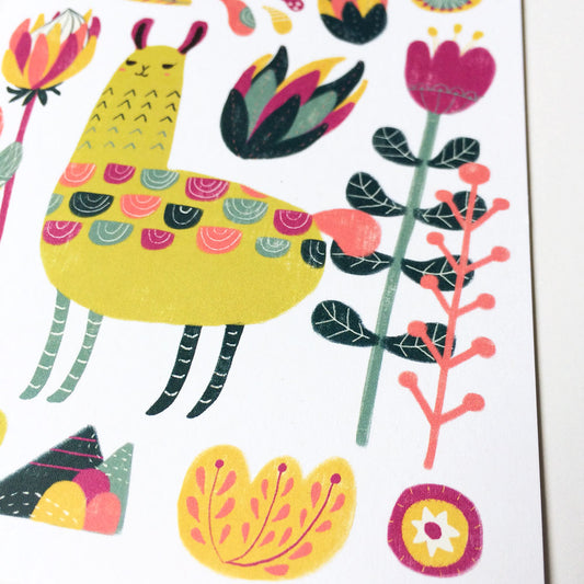 Colorful botanical illustration featuring a stylized yellow llama surrounded by vibrant flowers and plants on a white card, showcasing a whimsical and nature-inspired design for the Llama Botanical Card product.