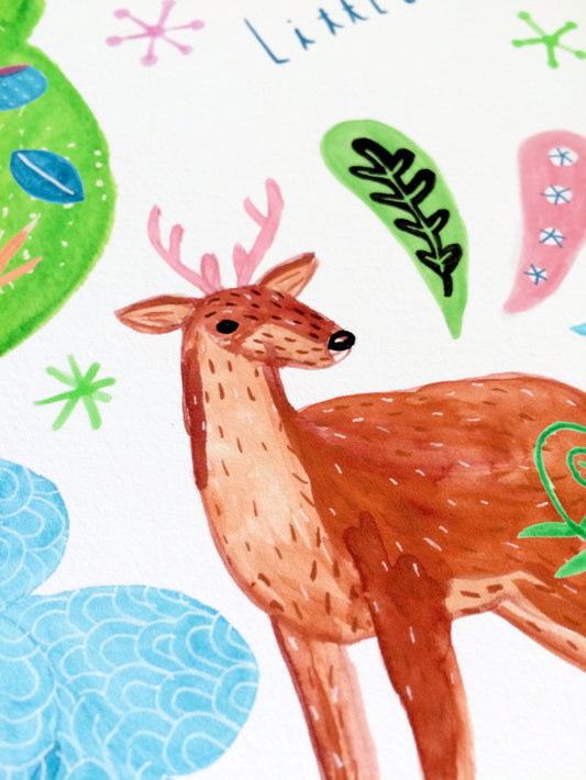 Whimsical watercolor illustration of a deer surrounded by colorful abstract shapes and patterns, perfect for a woodland-themed nursery or children's room decor