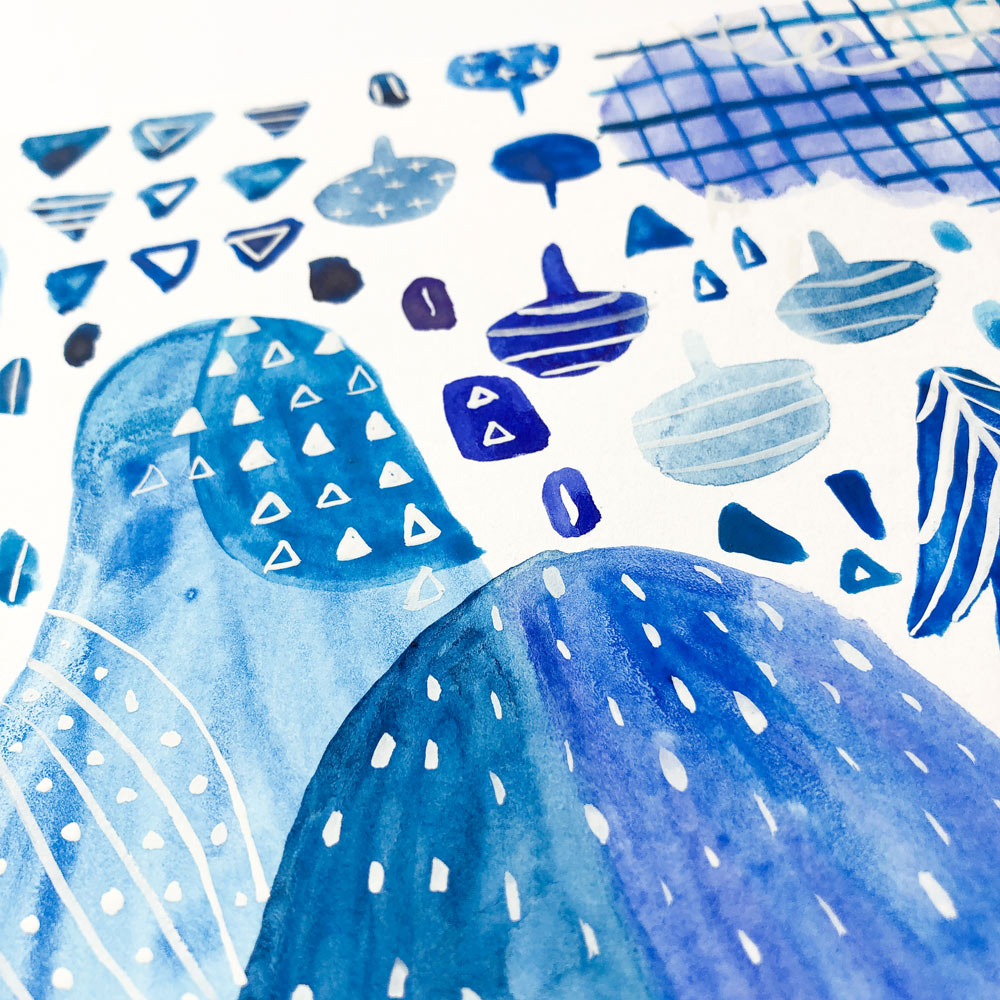 Abstract watercolor painting featuring various shades of blue with geometric shapes, patterns, and textures. Includes triangles, circles, and organic forms creating a playful and dynamic composition on white paper.