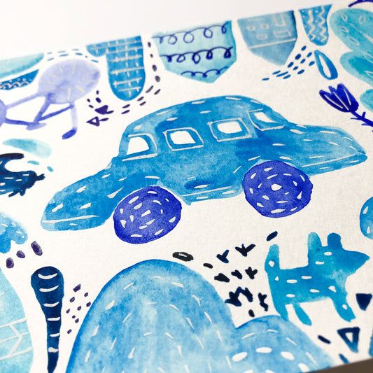 Original watercolor and gouache painting featuring abstract blue shapes, including a stylized car, animal figures, and geometric patterns on white paper. Unique handcrafted artwork with whimsical, childlike elements in various shades of blue.