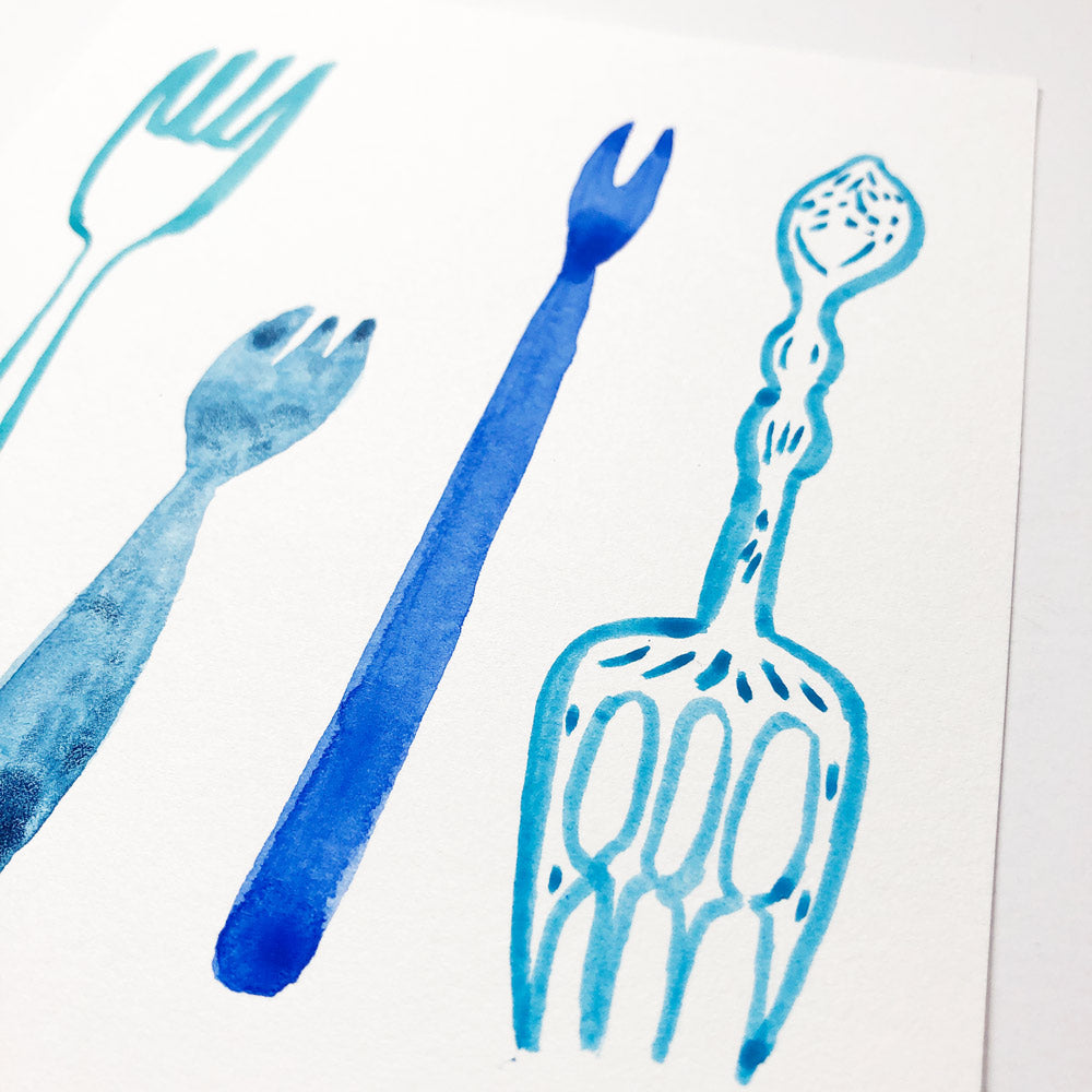 Original watercolor painting of three blue forks in varying shades and styles on white paper, showcasing whimsical and artistic interpretations of dining utensils