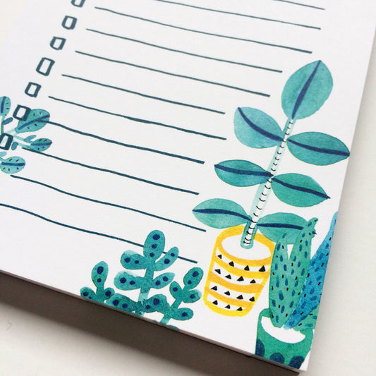 Stylish to-do list notepad with watercolor succulent plants in blue and teal, featuring a yellow pot and lined spaces for tasks, perfect for plant lovers and organization enthusiasts