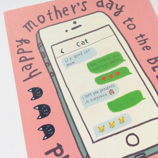 Mother's Day card featuring a smartphone screen with text messages from a cat to its mom, including loving messages and cat emojis, surrounded by "Happy Mother's Day to the Best Cat Mom" text and cat silhouettes on a pink background