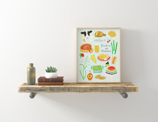 Colorful illustration of Midwest foods including cheese, corn, and burger displayed in a frame on a rustic wooden shelf with decorative items, showcasing regional cuisine art print